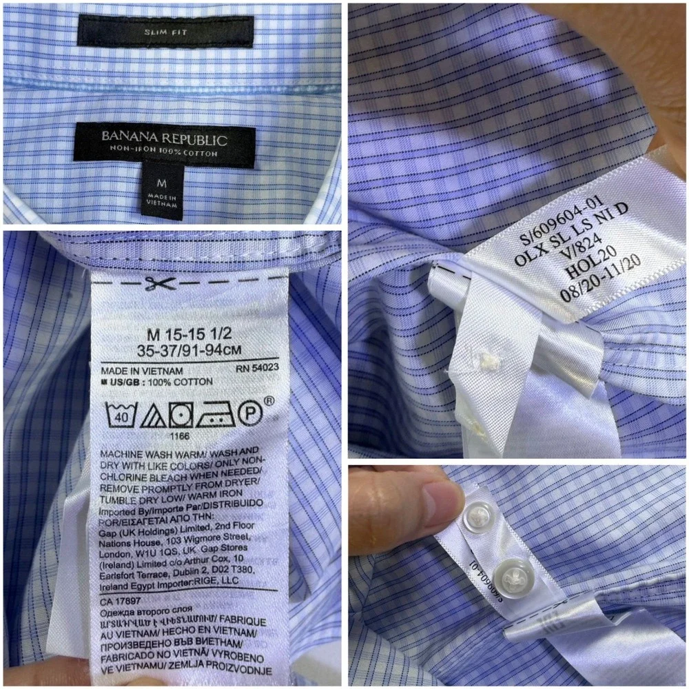 Banana Republic Mens Slim Fit Non-Iron‎ Dress Shirt Blue Gingham Check M 15-15.5